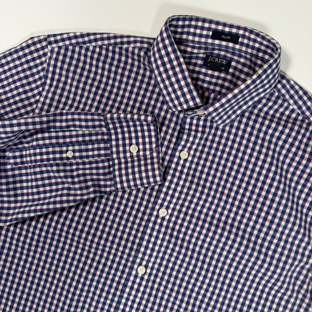 J.Crew Button Down Shirt Men Large Navy Gingham Performance Slim Fit Long Sleeve